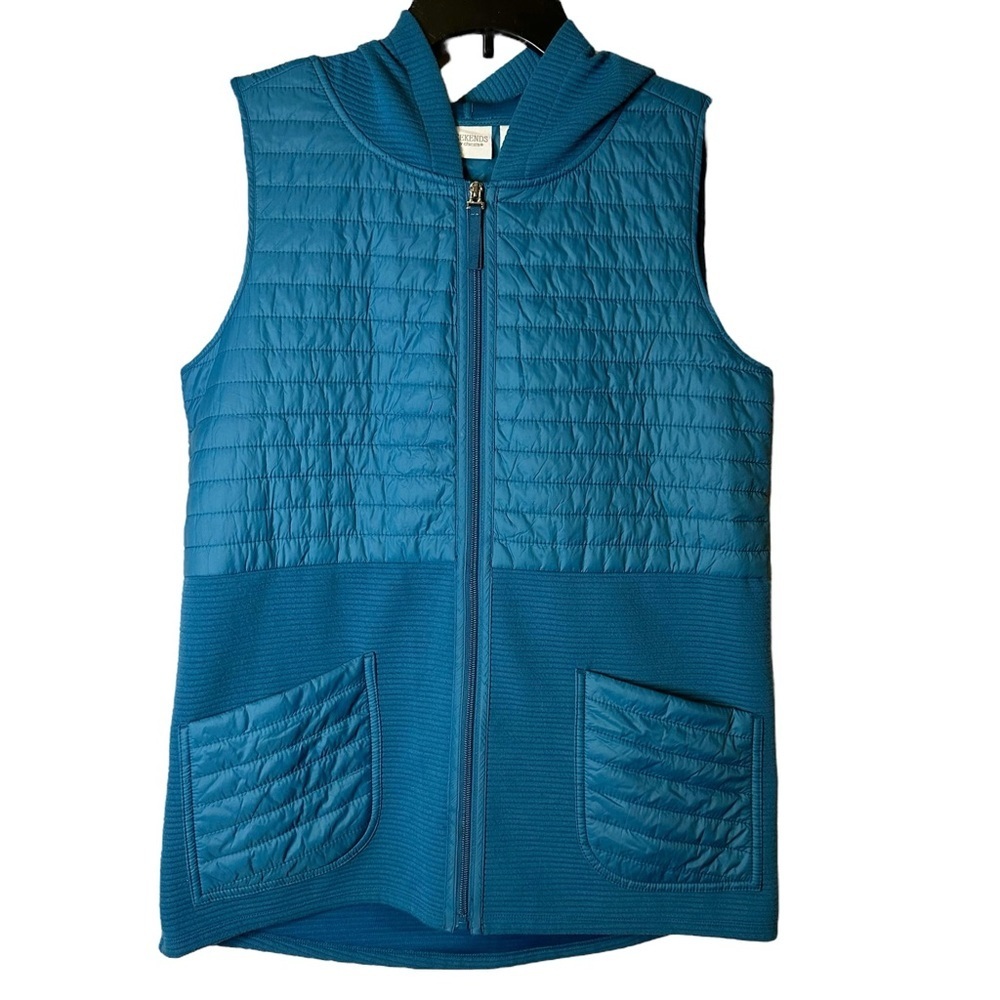 Chico’s Quilted Hooded Zip Front Puffer Vest Teal Blue Size 1 Medium Hiking Gorp
